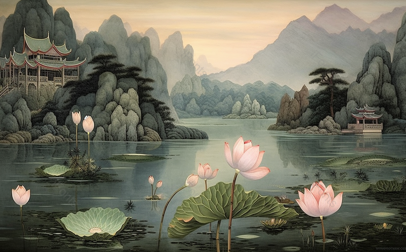 榫卯传统建筑立夏平静湖面云雾策绕荷花盛开国风水墨画,插画/手绘图,插画/手绘图库,插画/手绘图下载,插画/手绘